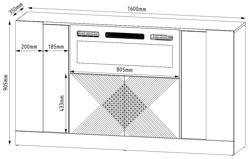 Komoda DIUNA 02 z kominkiem i LED 160 cm czarny mat/połysk