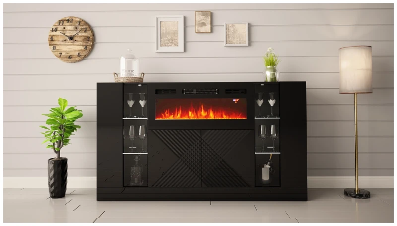 Komoda DIUNA 02 z kominkiem i LED 160 cm czarny mat/połysk