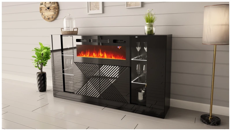 Komoda DIUNA 02 z kominkiem i LED 160 cm czarny mat/połysk