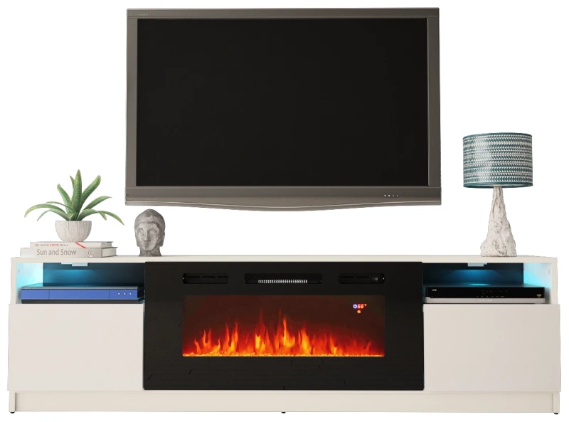 Szafka RTV YORK 03 z kominkiem i LED 200 cm biały mat/połysk