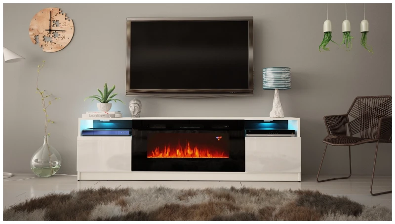 Szafka RTV YORK 03 z kominkiem i LED 200 cm biały mat/połysk