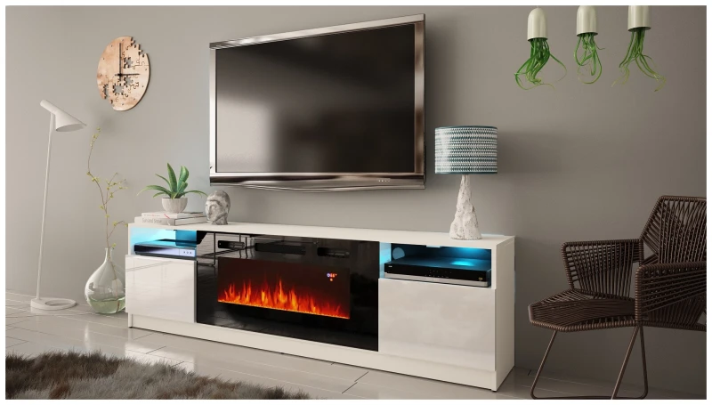 Szafka RTV YORK 03 z kominkiem i LED 200 cm biały mat/połysk