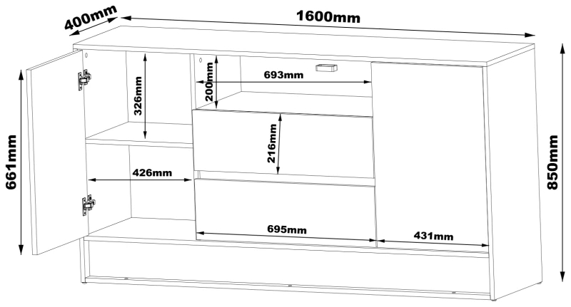 Komoda VISION 02 160 cm z LED czarny/wotan mat/połysk