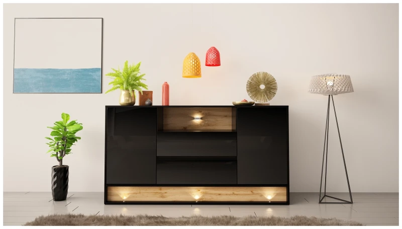 Komoda VISION 02 160 cm z LED czarny/wotan mat/połysk