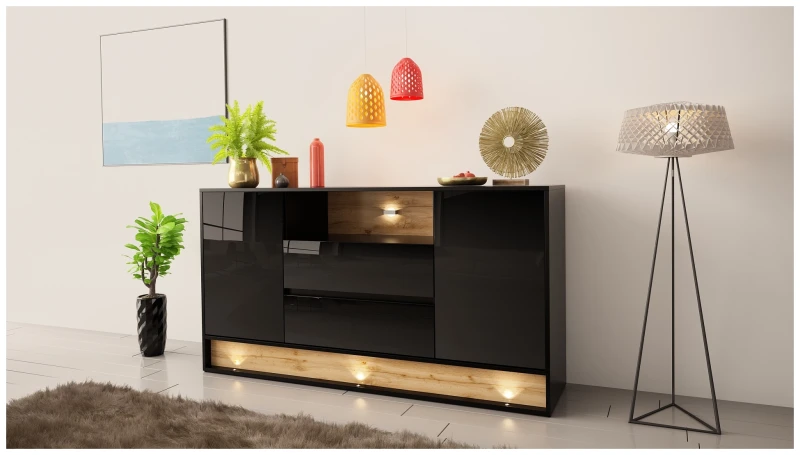 Komoda VISION 02 160 cm z LED czarny/wotan mat/połysk
