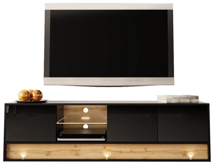 Szafka RTV VISION01 z LED 180 cm czarny/wotan mat/połysk