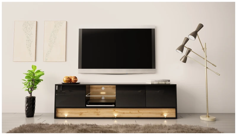Szafka RTV VISION01 z LED 180 cm czarny/wotan mat/połysk