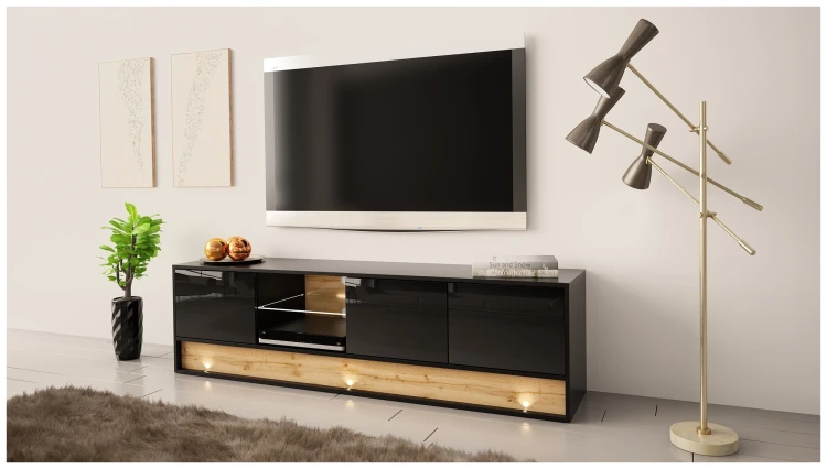 Szafka RTV VISION01 z LED 180 cm czarny/wotan mat/połysk