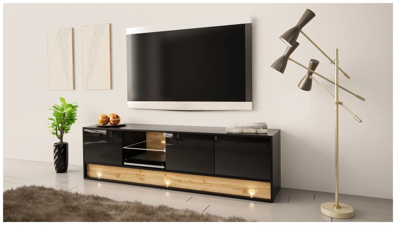 Szafka RTV VISION01 z LED 180 cm czarny/wotan mat/połysk