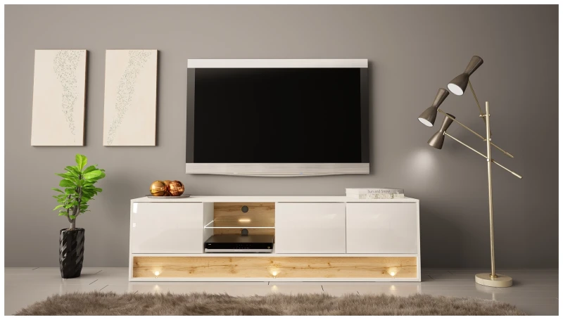 Szafka RTV VISION01 z LED 180 cm biały/wotan mat/połysk