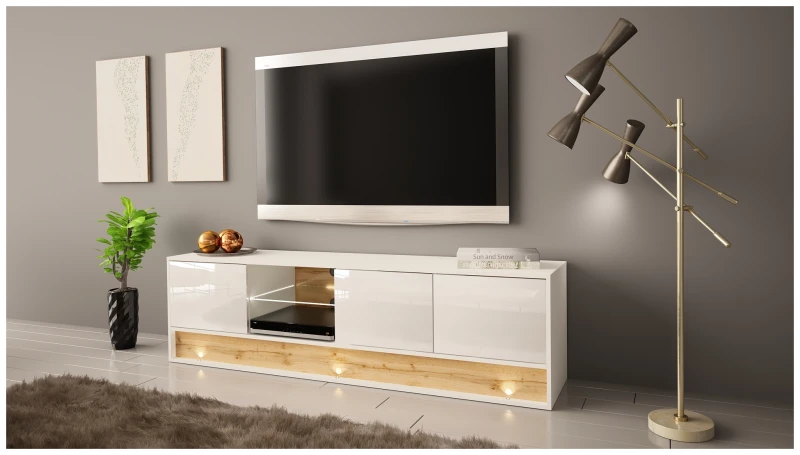 Szafka RTV VISION01 z LED 180 cm biały/wotan mat/połysk