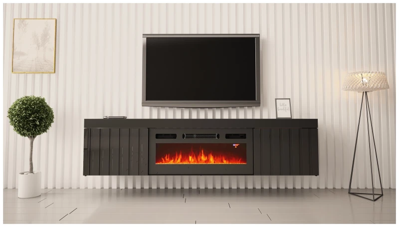 Szafka RTV KNOXVILLE 02 RTV z kominkiem 180 cm czarny mat/połysk