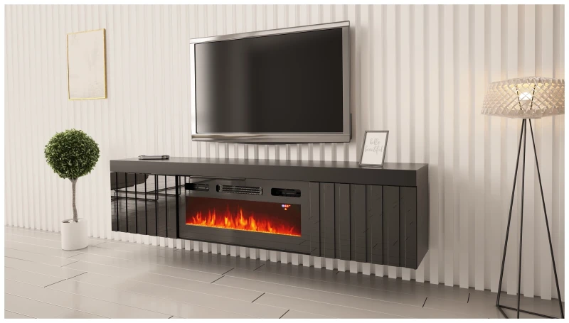 Szafka RTV KNOXVILLE 02 RTV z kominkiem 180 cm czarny mat/połysk