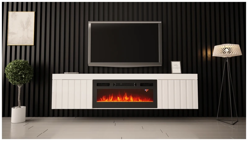 Szafka RTV KNOXVILLE 02 RTV z kominkiem 180 cm biały mat/połysk