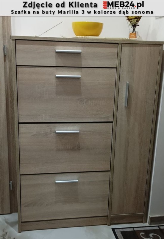 Szafka na buty Marilia 3 do przedpokoju ze srebrnymi uchwytami - zdjęcie od klienta