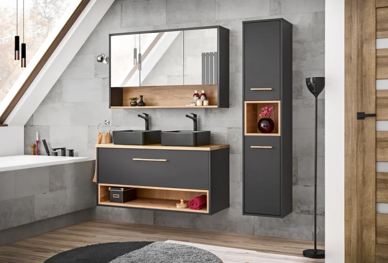 Szafka łazienkowa z lustrem 120 cm BORNEO szary cosmos / dąb artisan