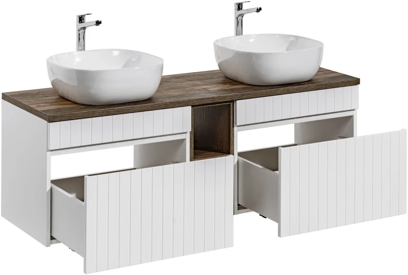 Zestaw mebli łazienkowych ICONIC WHITE z dwoma umywalkami SMILE i blatem 140 cm - 6 elementów