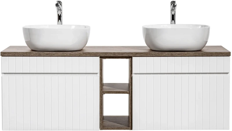 Zestaw mebli łazienkowych ICONIC WHITE z dwoma umywalkami SMILE i blatem 140 cm - 6 elementów