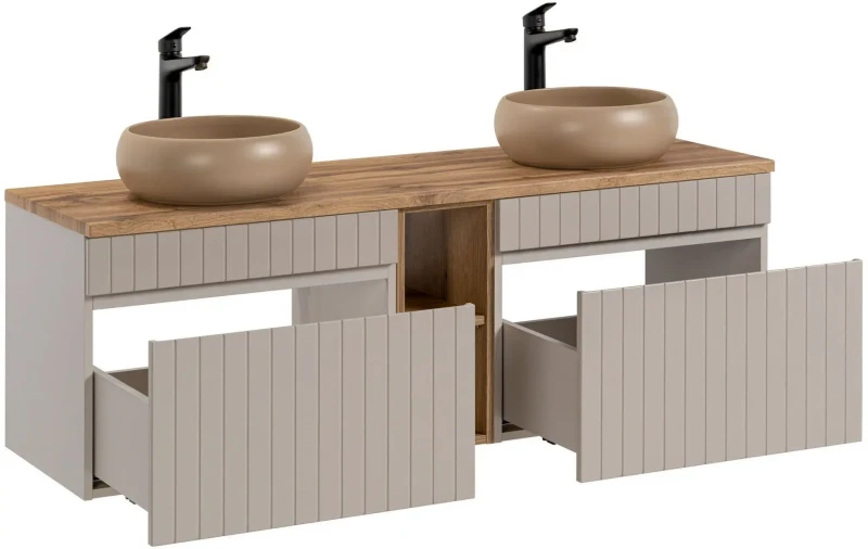 Zestaw mebli łazienkowych ICONIC CASHMERE z dwoma umywalkami WIKI i blatem 140 cm - 6 elementów