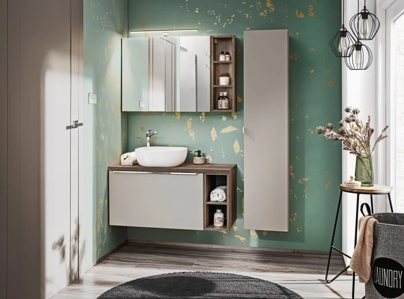 Zestaw mebli łazienkowych SANTA FE TAUPE A4 taupe/dąb vintage z szafką pod umywalkę 80 cm - 8 elementów