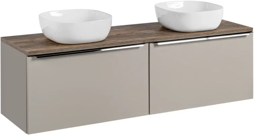 Szafka podwójna łazienkowa 80 cm SANTA FE taupe/dąb vintage z dwoma umywalkami SMILE i blatem 160 cm