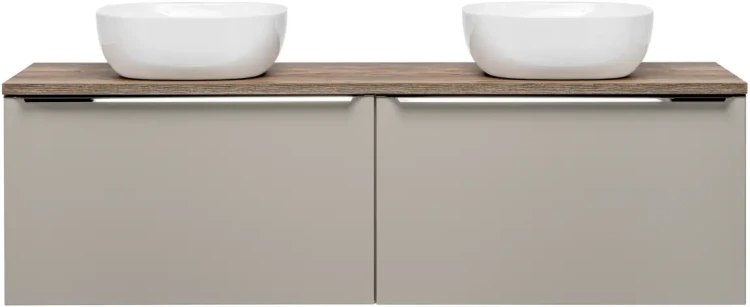 Szafka podwójna łazienkowa 80 cm SANTA FE taupe/dąb vintage z dwoma umywalkami SMILE i blatem 160 cm