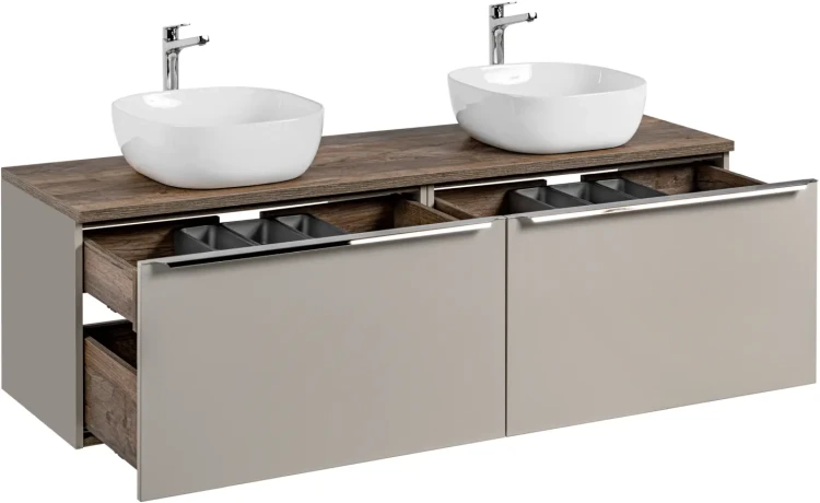 Szafka podwójna łazienkowa 80 cm SANTA FE taupe/dąb vintage z dwoma umywalkami SMILE i blatem 160 cm