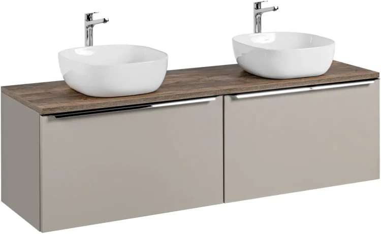 Szafka podwójna łazienkowa 80 cm SANTA FE taupe/dąb vintage z dwoma umywalkami SMILE i blatem 160 cm