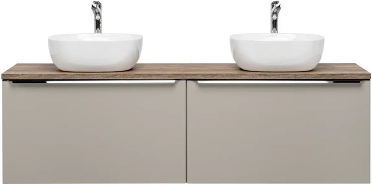 Szafka podwójna łazienkowa 80 cm SANTA FE taupe/dąb vintage z dwoma umywalkami SMILE i blatem 160 cm