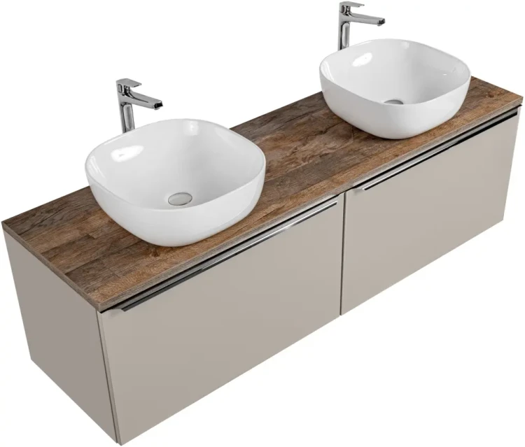 Szafka podwójna łazienkowa 80 cm SANTA FE taupe/dąb vintage z dwoma umywalkami SMILE i blatem 160 cm