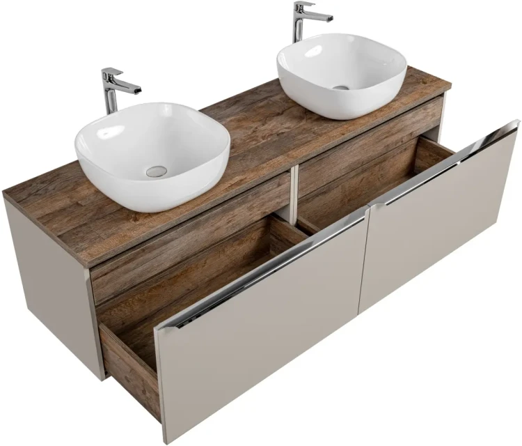Szafka podwójna łazienkowa 80 cm SANTA FE taupe/dąb vintage z dwoma umywalkami SMILE i blatem 160 cm