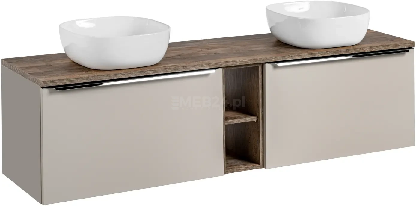 Szafka podwójna łazienkowa 80 cm SANTA FE taupe/dąb vintage z dwoma umywalkami SMILE i blatem 180 cm