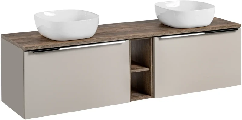 Szafka podwójna łazienkowa 80 cm SANTA FE taupe/dąb vintage z dwoma umywalkami SMILE i blatem 180 cm