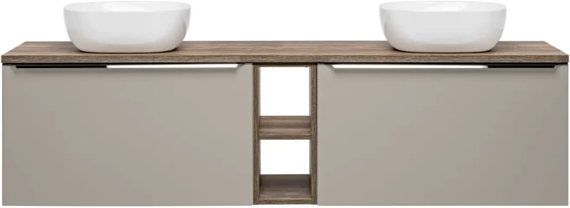 Szafka podwójna łazienkowa 80 cm SANTA FE taupe/dąb vintage z dwoma umywalkami SMILE i blatem 180 cm