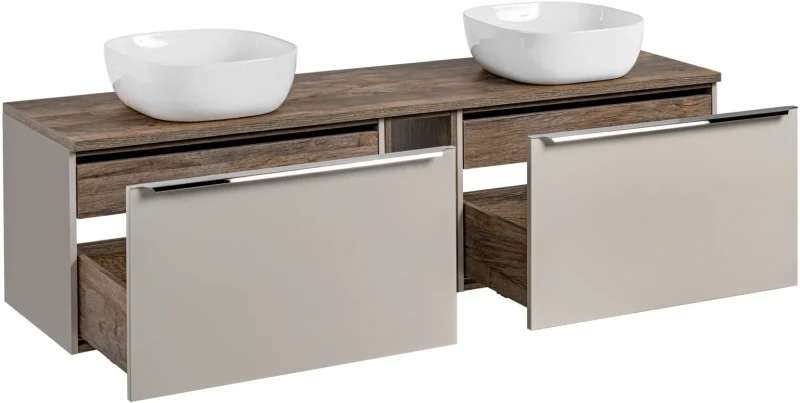 Szafka podwójna łazienkowa 80 cm SANTA FE taupe/dąb vintage z dwoma umywalkami SMILE i blatem 180 cm