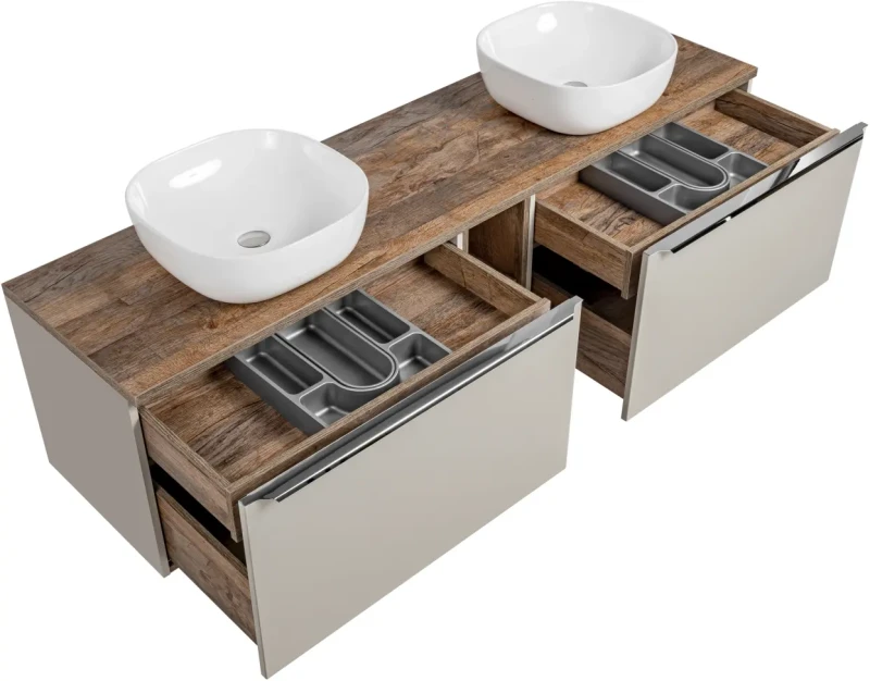 Szafka podwójna łazienkowa 80 cm SANTA FE taupe/dąb vintage z dwoma umywalkami SMILE i blatem 180 cm