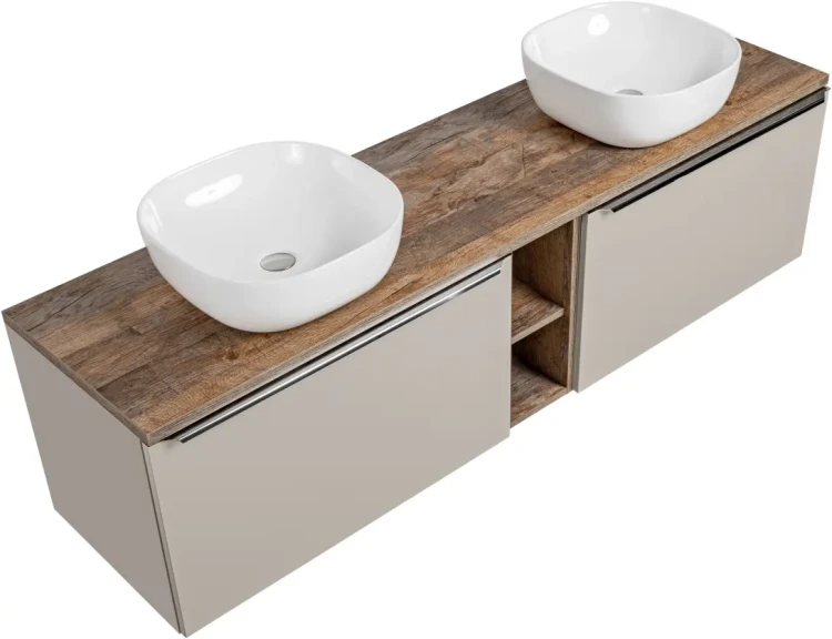 Szafka podwójna łazienkowa 80 cm SANTA FE taupe/dąb vintage z dwoma umywalkami SMILE i blatem 180 cm