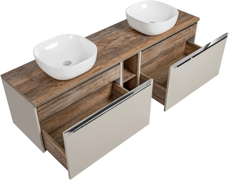 Szafka podwójna łazienkowa 80 cm SANTA FE taupe/dąb vintage z dwoma umywalkami SMILE i blatem 180 cm