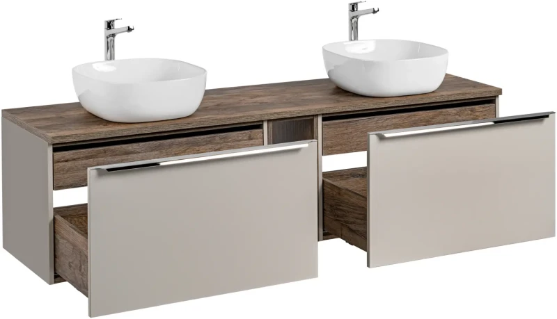 Szafka podwójna łazienkowa 80 cm SANTA FE taupe/dąb vintage z dwoma umywalkami SMILE i blatem 180 cm