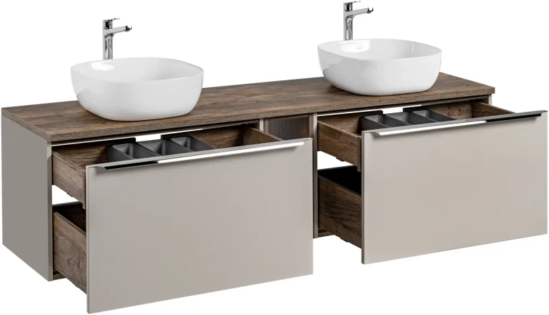 Szafka podwójna łazienkowa 80 cm SANTA FE taupe/dąb vintage z dwoma umywalkami SMILE i blatem 180 cm