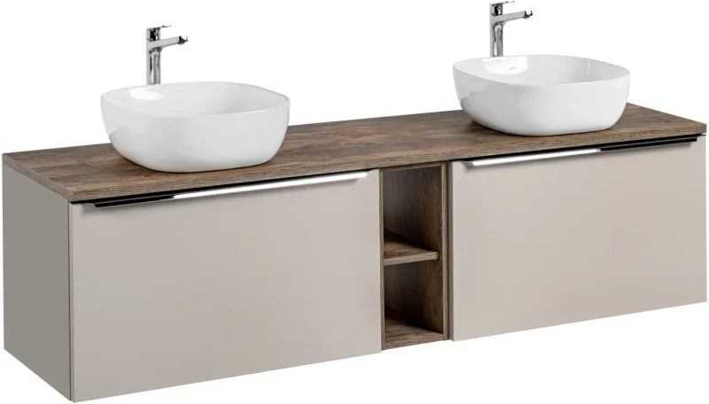 Szafka podwójna łazienkowa 80 cm SANTA FE taupe/dąb vintage z dwoma umywalkami SMILE i blatem 180 cm