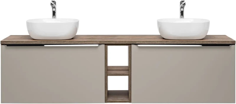 Szafka podwójna łazienkowa 80 cm SANTA FE taupe/dąb vintage z dwoma umywalkami SMILE i blatem 180 cm