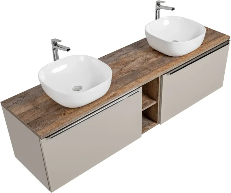 Szafka podwójna łazienkowa 80 cm SANTA FE taupe/dąb vintage z dwoma umywalkami SMILE i blatem 180 cm