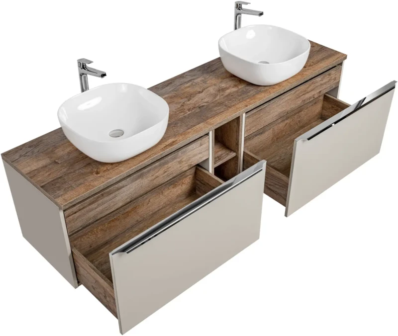 Szafka podwójna łazienkowa 80 cm SANTA FE taupe/dąb vintage z dwoma umywalkami SMILE i blatem 180 cm