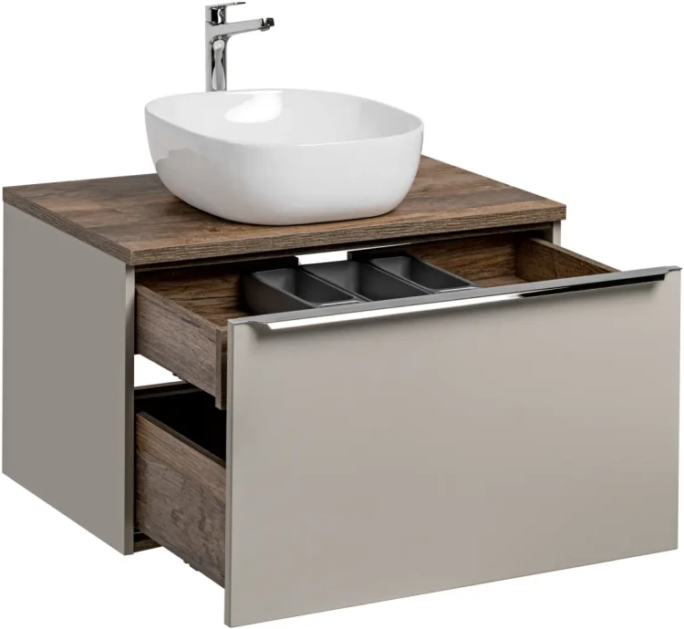 Szafka łazienkowa 80 cm SANTA FE taupe/dąb vintage z umywalką SMILE i blatem 80 cm