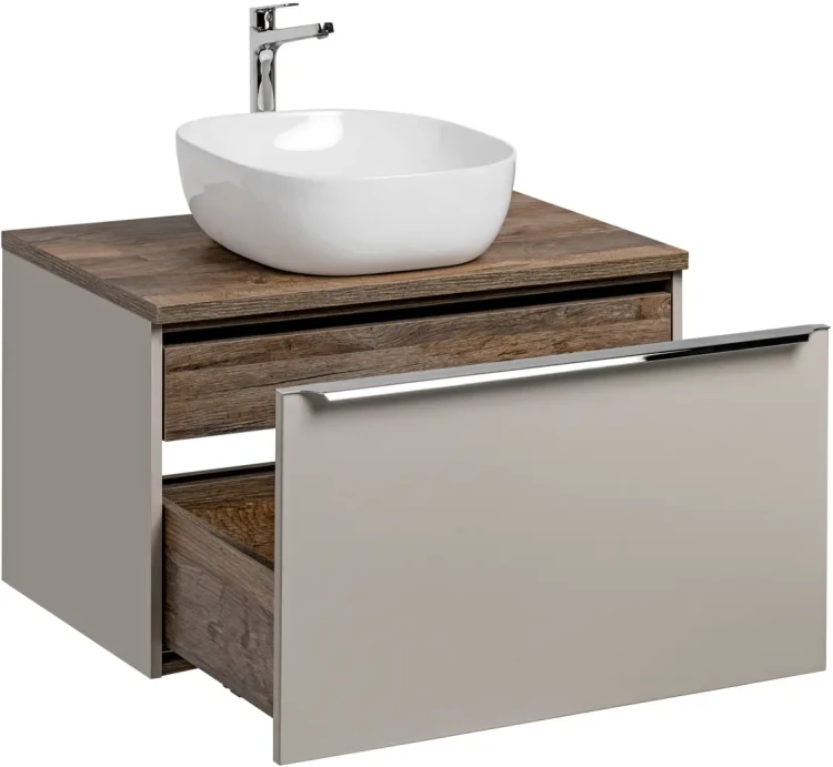 Szafka łazienkowa 80 cm SANTA FE taupe/dąb vintage z umywalką SMILE i blatem 80 cm