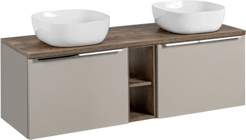 Szafka podwójna łazienkowa 60 cm SANTA FE taupe/dąb vintage z dwoma umywalkami SMILE i blatem 140 cm
