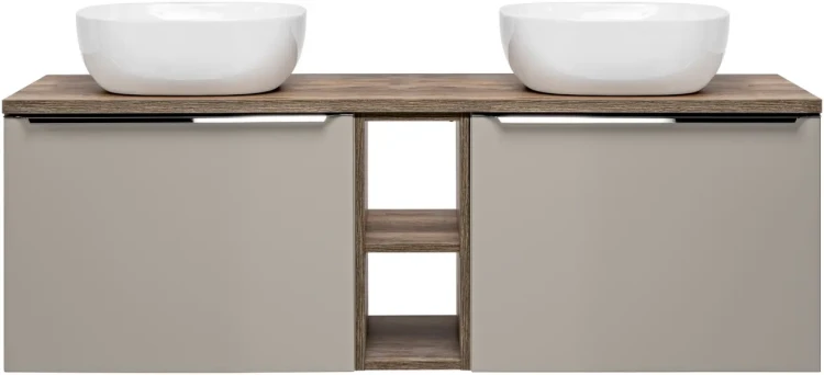 Szafka podwójna łazienkowa 60 cm SANTA FE taupe/dąb vintage z dwoma umywalkami SMILE i blatem 140 cm
