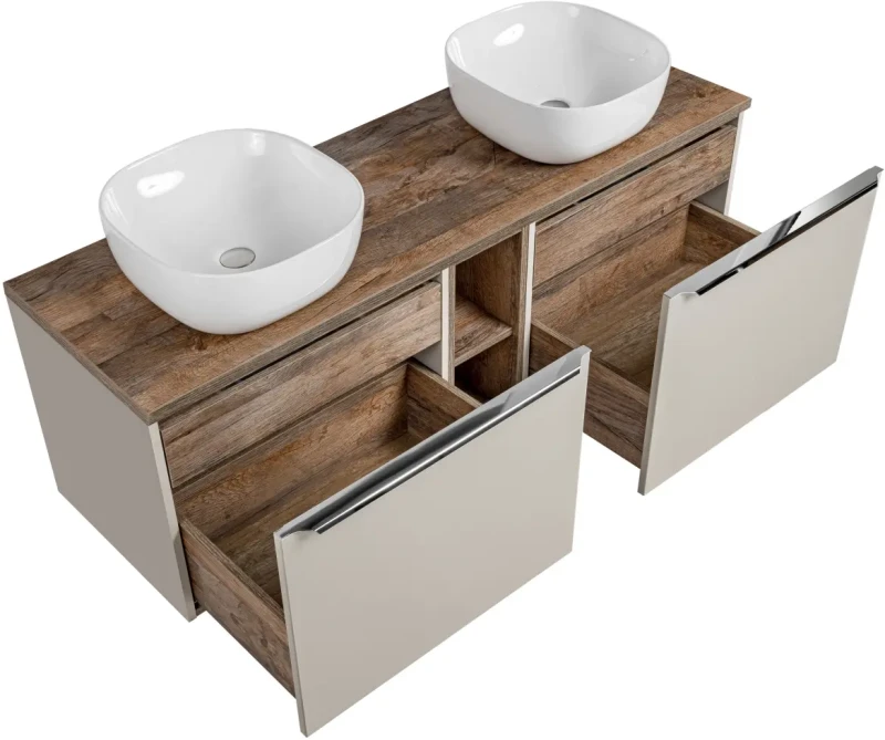Szafka podwójna łazienkowa 60 cm SANTA FE taupe/dąb vintage z dwoma umywalkami SMILE i blatem 140 cm