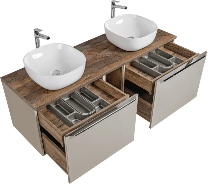 Szafka podwójna łazienkowa 60 cm SANTA FE taupe/dąb vintage z dwoma umywalkami SMILE i blatem 140 cm